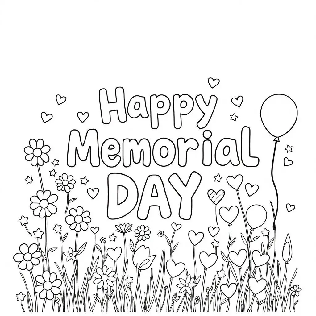 Line art coloring page with "Happy Memorial Day" text above a line of flowers, hearts, stars, and a balloon.