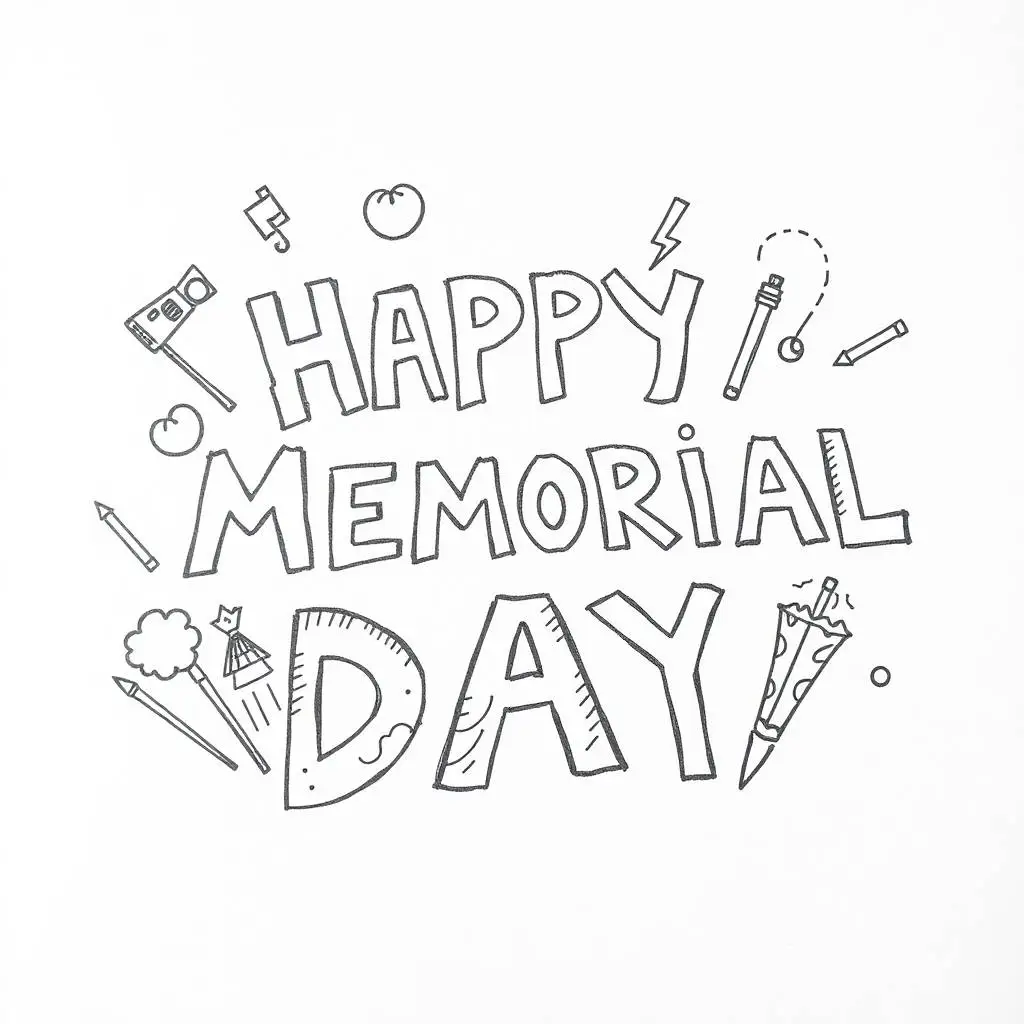 Line art coloring page with "HAPPY MEMORIAL DAY" text surrounded by small drawings of objects like pencils, stars, and shamrocks.