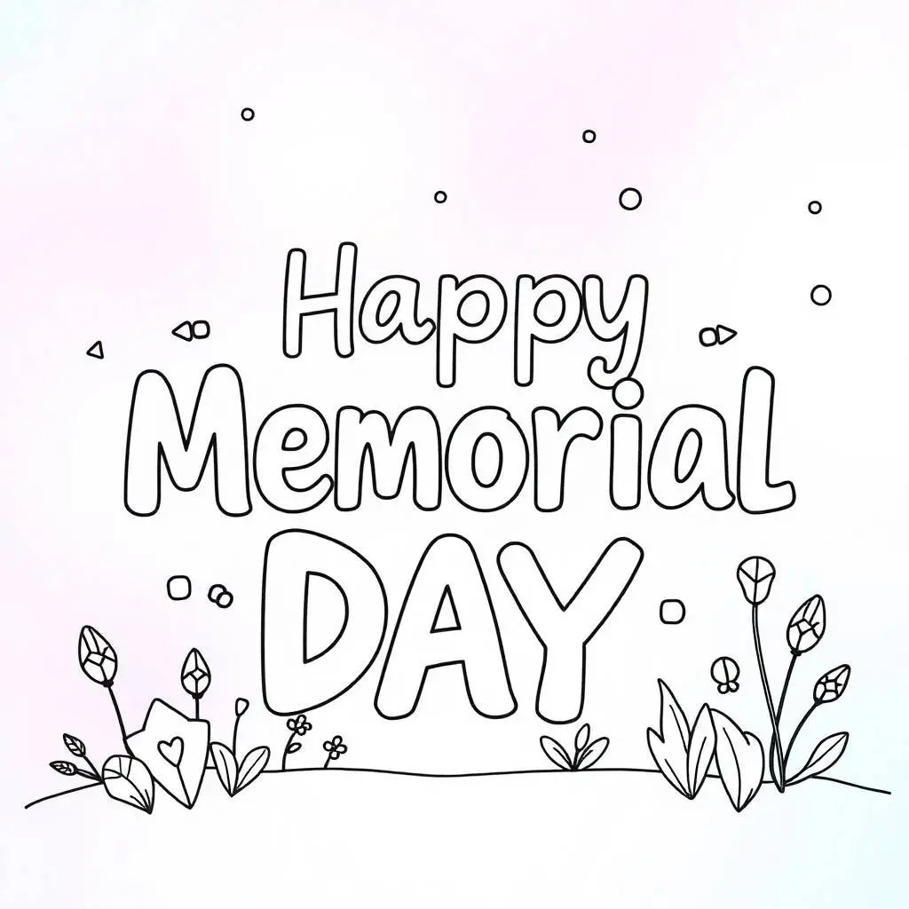 Line art coloring page with "Happy Memorial Day" text surrounded by flowers and leaves, with a subtle background gradient.