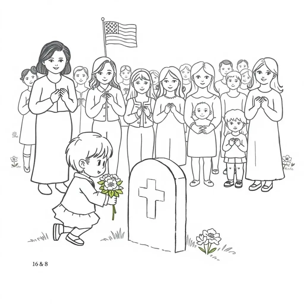 Line art coloring page of a child placing flowers at a gravestone with a crowd of people and an American flag behind them on Memorial Day.