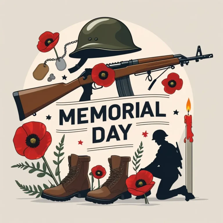 Illustration for Memorial Day with text, a helmet, rifle, dog tags, boots, kneeling soldier silhouette, poppies, and a candle.