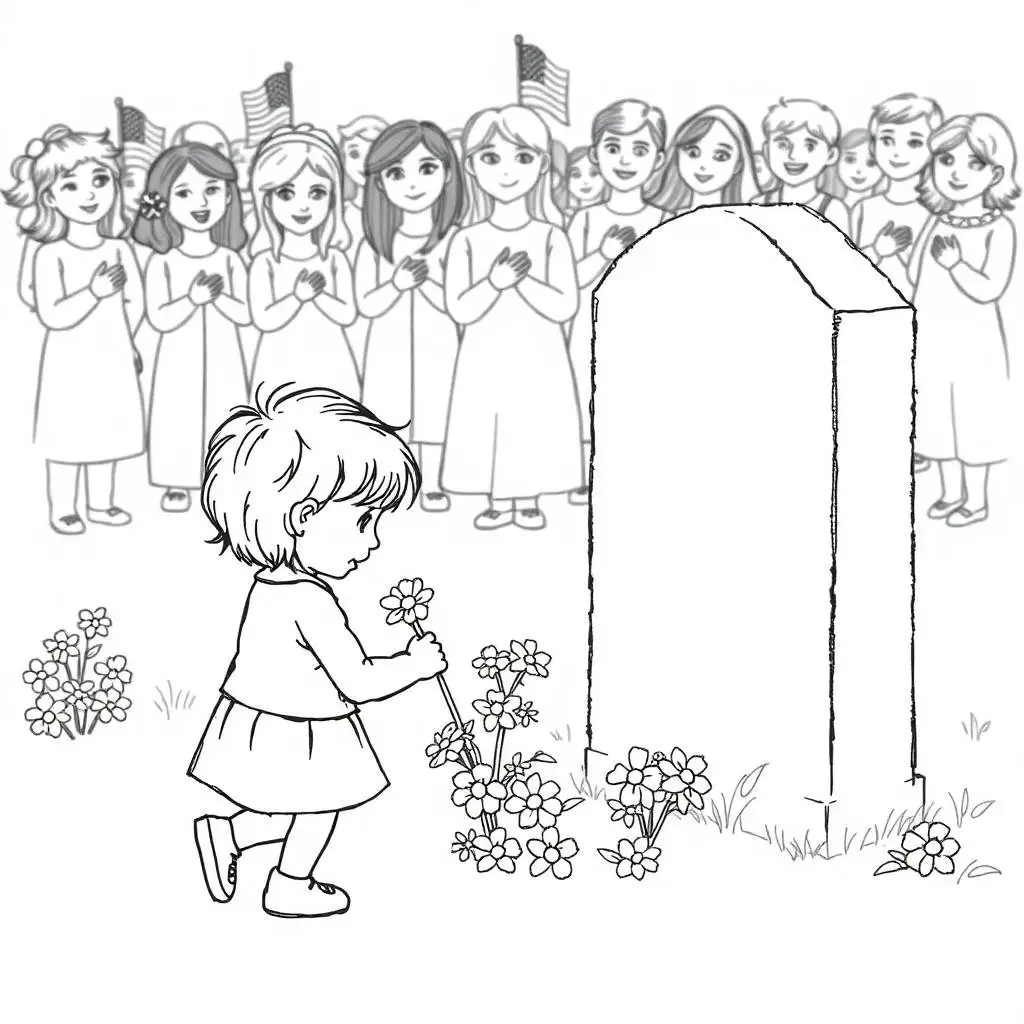 Line art coloring page of a child placing flowers at a monument with a crowd of people gathered behind them on Memorial Day.