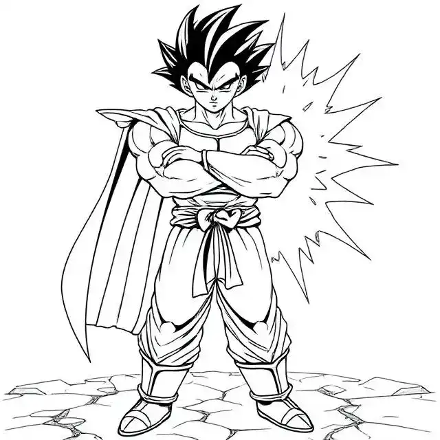 Line art drawing of Vegeta from Dragon Ball with arms crossed and a cape.