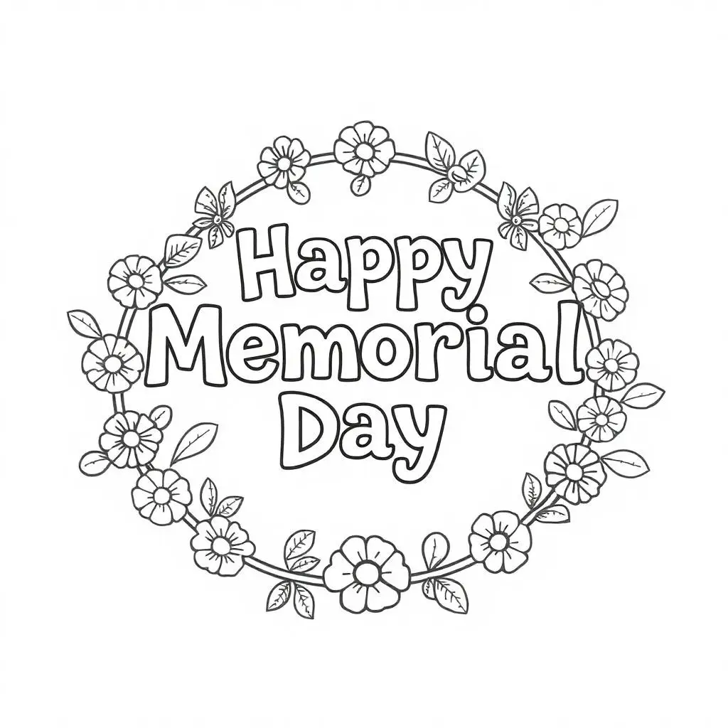 Line art coloring page of a floral wreath with "Happy Memorial Day" text in the center.