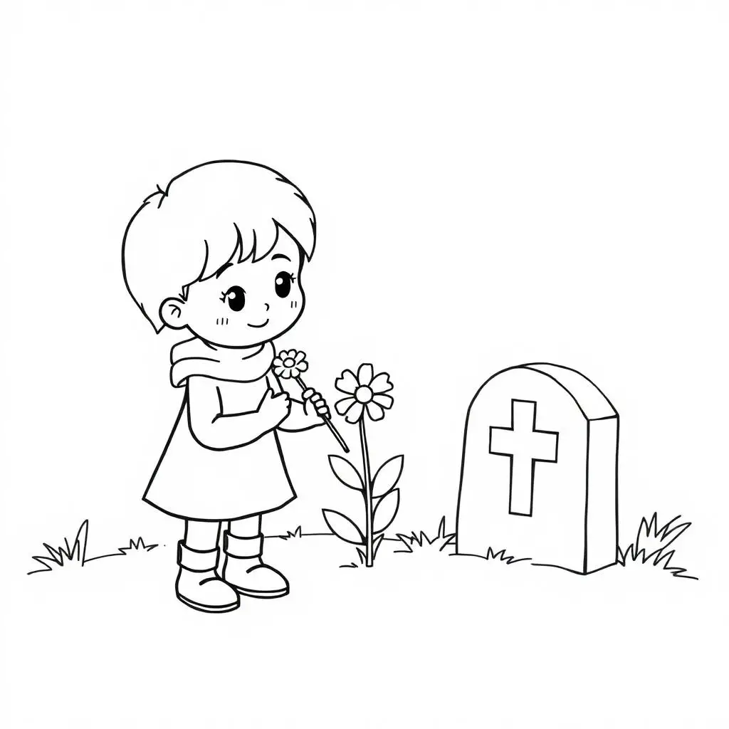 Line art coloring page of a child placing a flower at a gravestone with a cross.