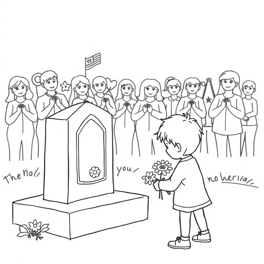 Line art coloring page of a child placing flowers at a monument with a respectful crowd behind them on Memorial Day.