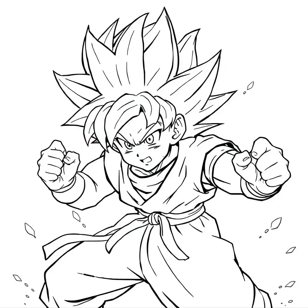 Line art drawing of Son Goku from Dragon Ball Z in a low, power-charging stance with clenched fists.