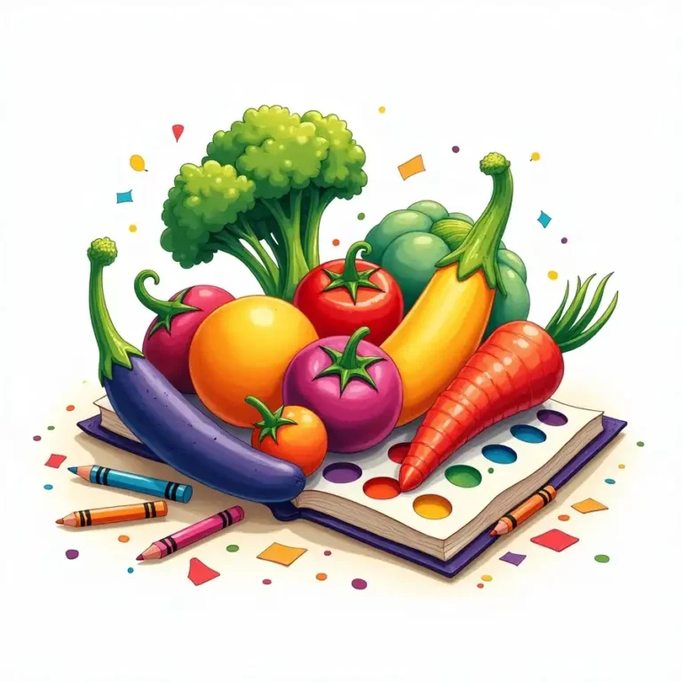 Vibrant illustration of colorful broccoli, tomatoes, bell pepper, eggplant, carrot, and orange piled on a book with crayons and confetti.