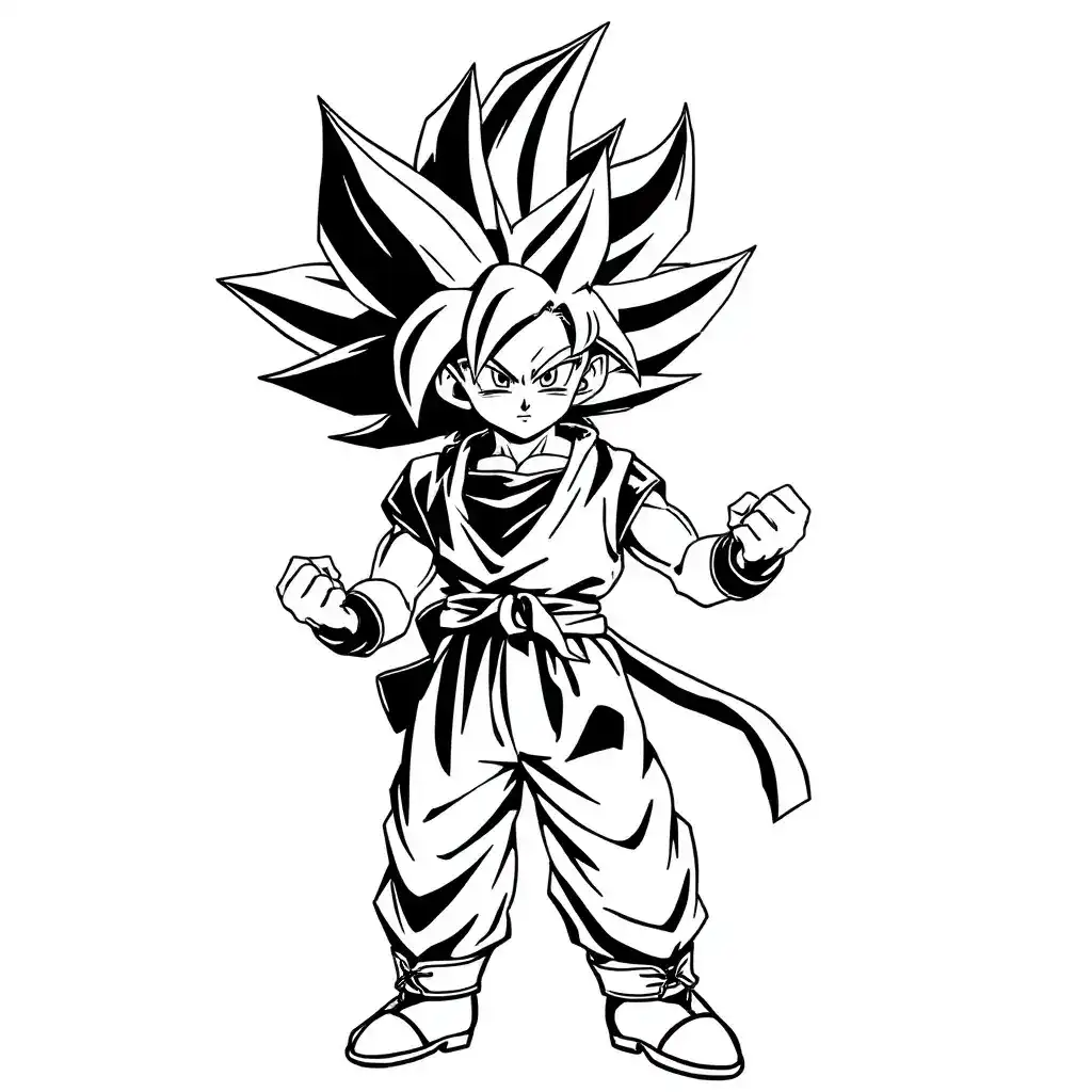 Line art drawing of young Son Goku from Dragon Ball Z in a fighting stance with clenched fists.