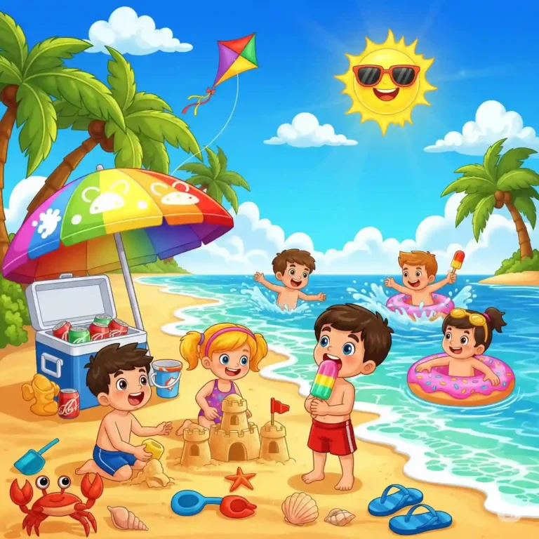 Children having fun at the beach, playing in the water, building sandcastles, and flying kites."