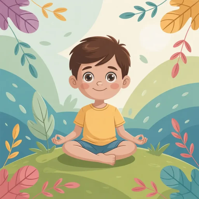 Two children meditating in a serene, colorful natural setting with green leaves, hills, and a sunset sky.