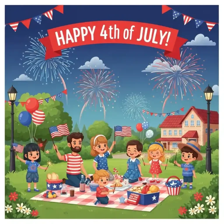 Black-and-white coloring page of a 4th of July picnic with a family, flags, sparklers, balloons, fireworks, and "HAPPY 4th of JULY!" banner.